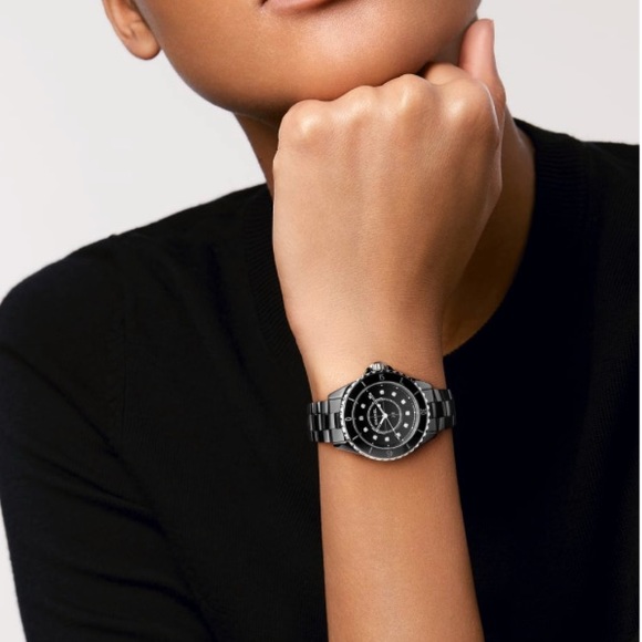 Chanel Diamond steel black watch 6” wrist J12 & Magazine  by Chanel - Picture 3 of 14
